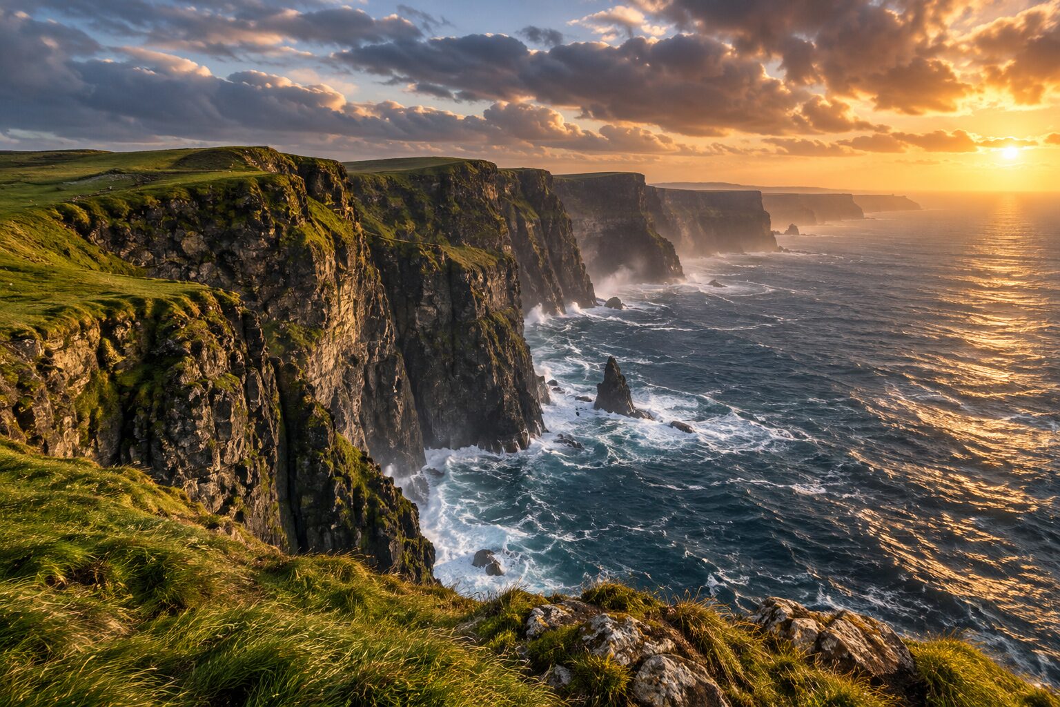 Dramatic European sea cliffs plunging into the Atlantic at golden hour